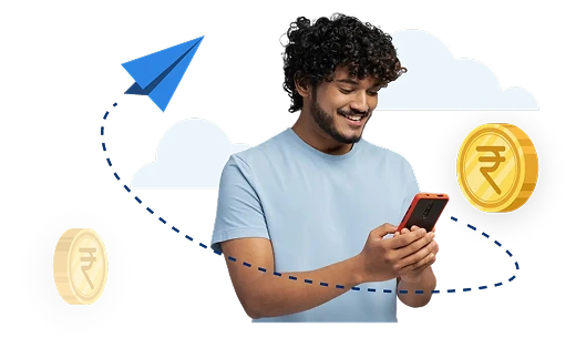 Investor using SIP Calculator on mobile with coins and paper illustration.